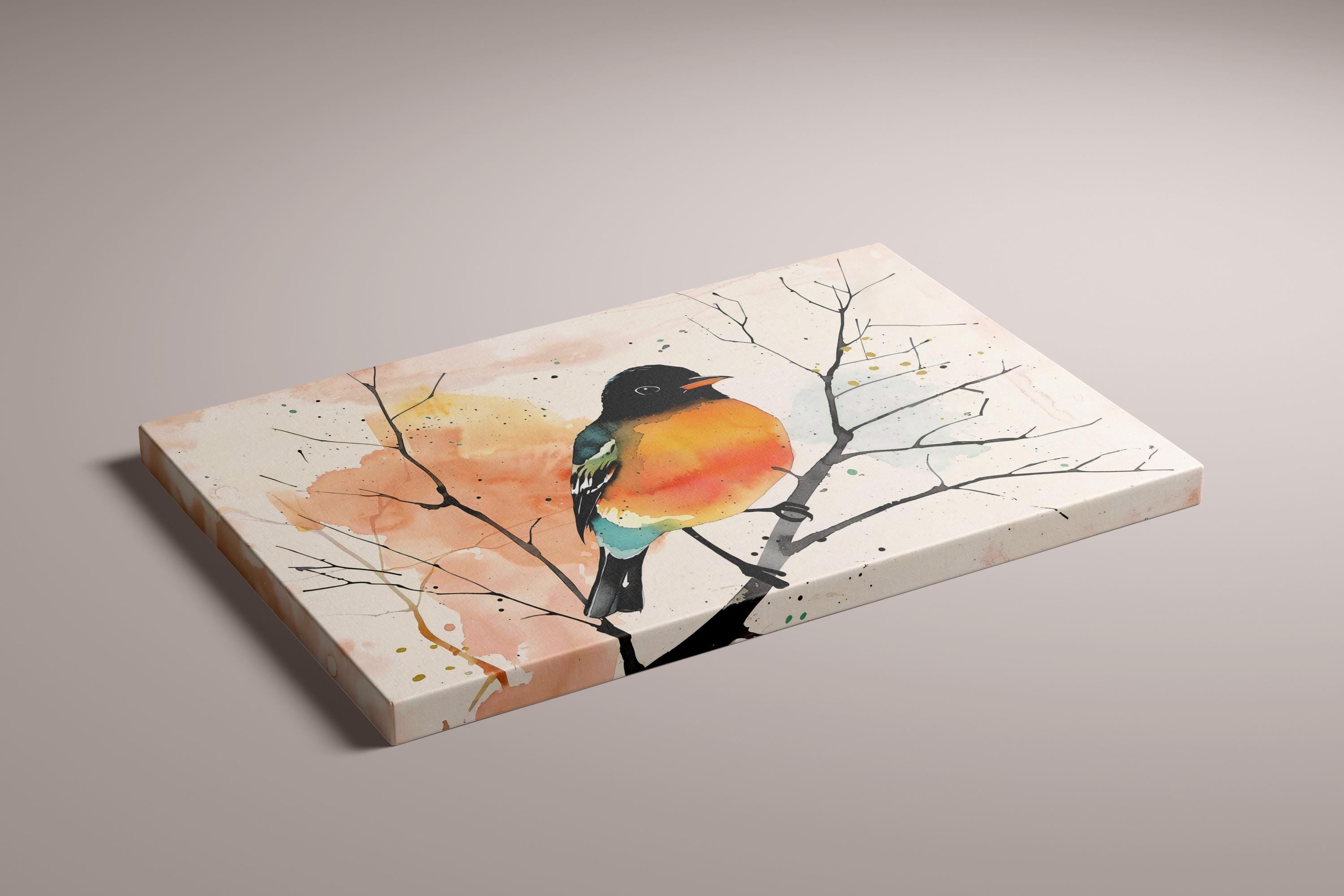 The Soloist: Vibrant Orange & Black Bird Watercolor Art | Modern Abstract Wall Decor