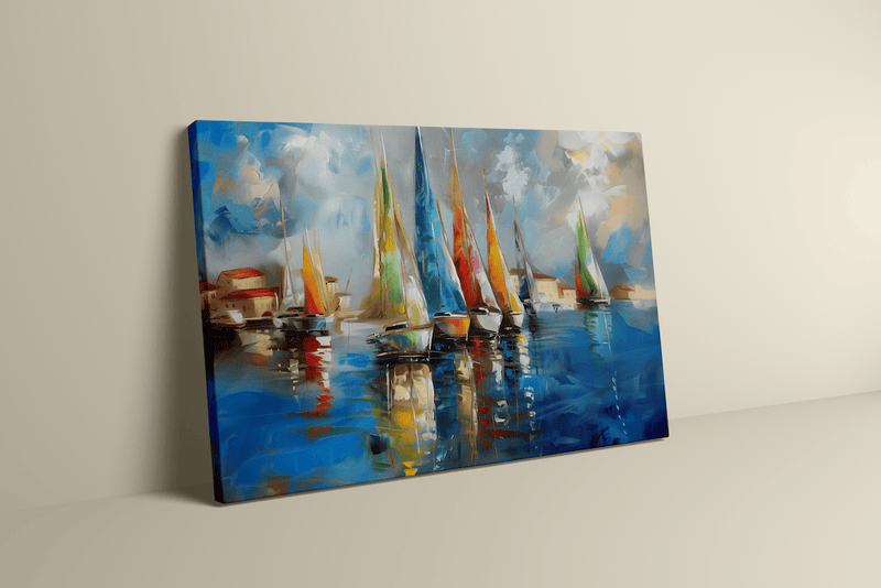 Large Sailboat Art – Vibrant Coastal Wall Decor | Gold Textured Harbor Seascape