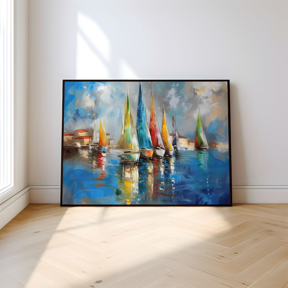 The Golden Fleet: Large Sailboat & Harbor Art | Gold Textured & Vibrant Coastal Decor