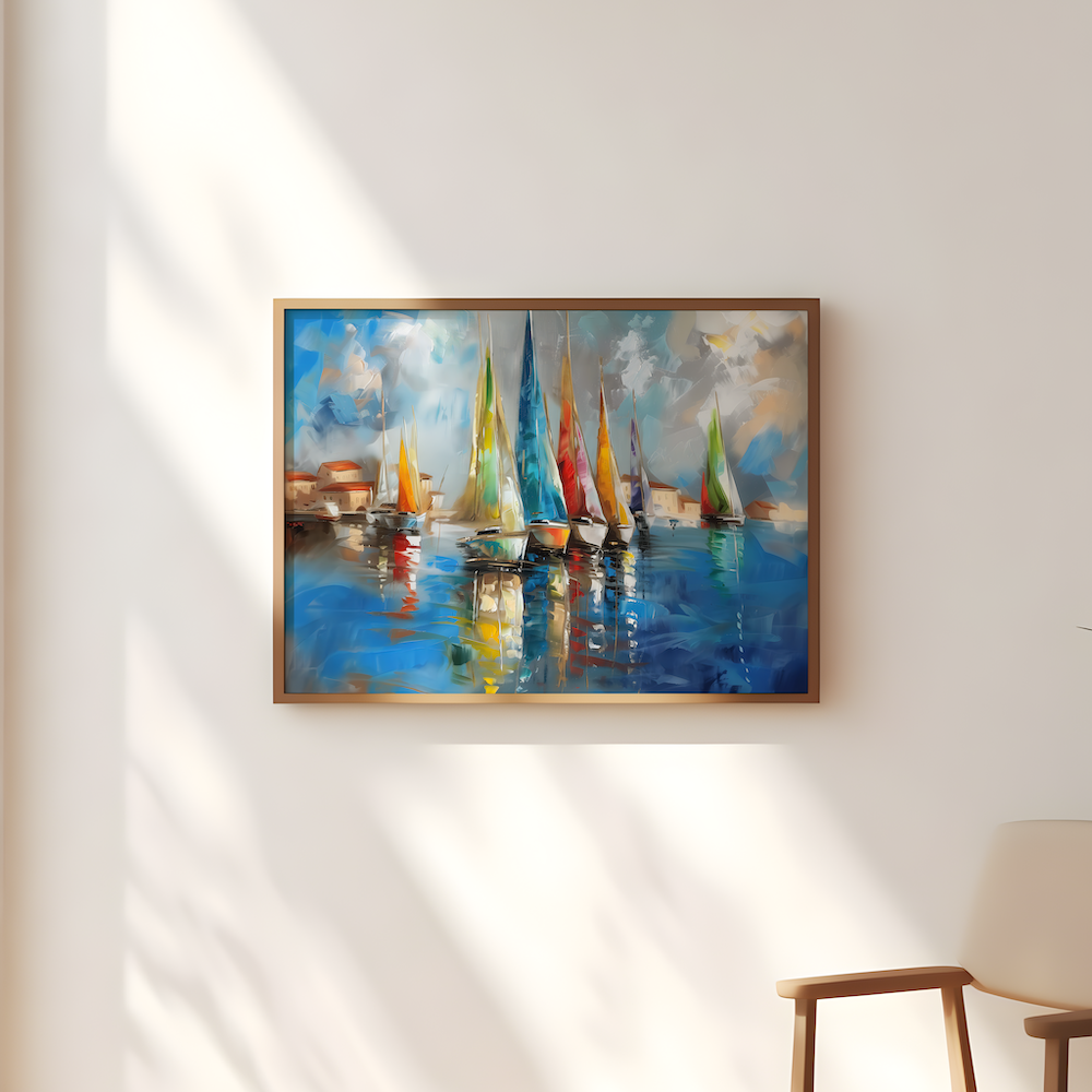 The Golden Fleet: Large Sailboat & Harbor Art | Gold Textured & Vibrant Coastal Decor