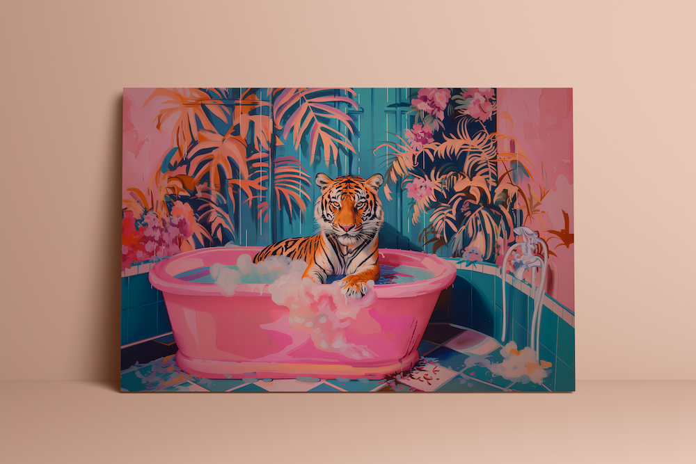 The Royal Bather: Chic Tiger in Pink Bathtub Art | Maximalist & Preppy Bathroom Decor