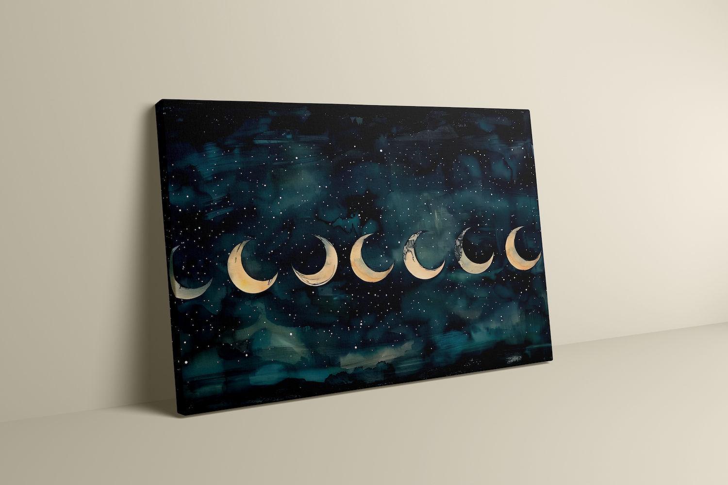 The Eternal Cycle: Watercolor Moon Phases on Starry Night | Celestial & Serene Wall Art