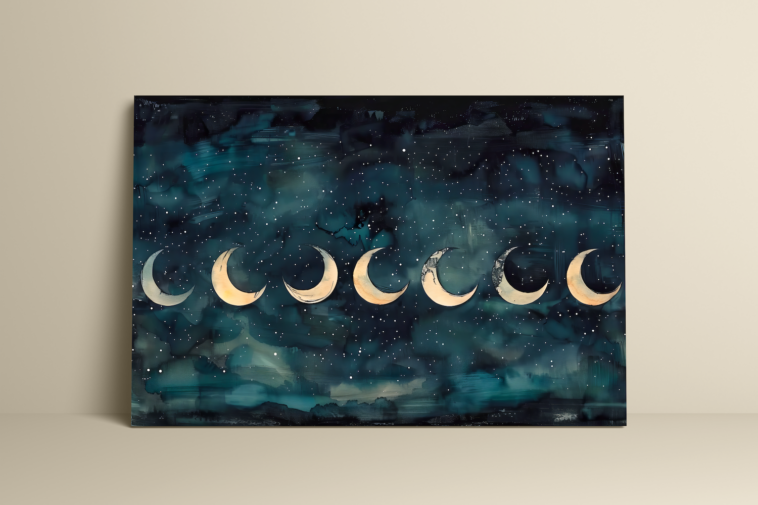 The Eternal Cycle: Watercolor Moon Phases on Starry Night | Celestial & Serene Wall Art