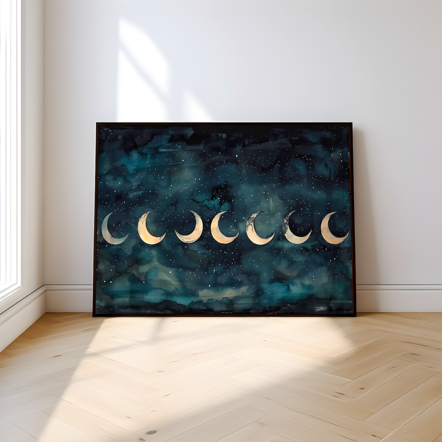The Eternal Cycle: Watercolor Moon Phases on Starry Night | Celestial & Serene Wall Art