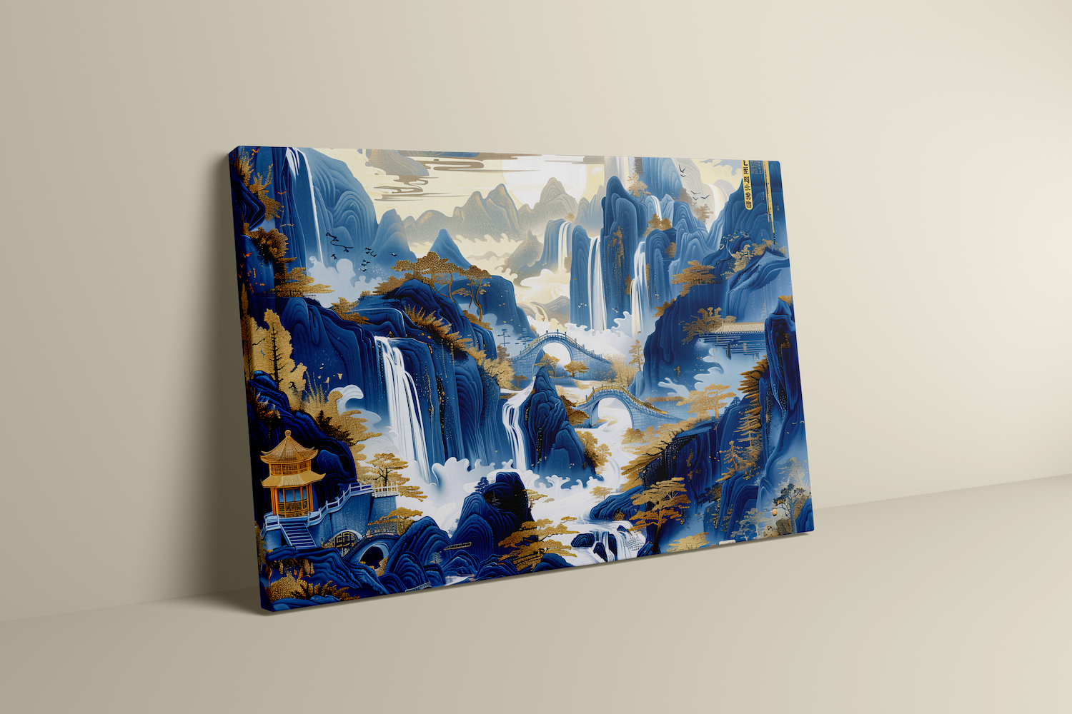 Golden Serenity: Chinese Mountain Landscape with Waterfalls | Traditional Blue & Gold Ink Painting