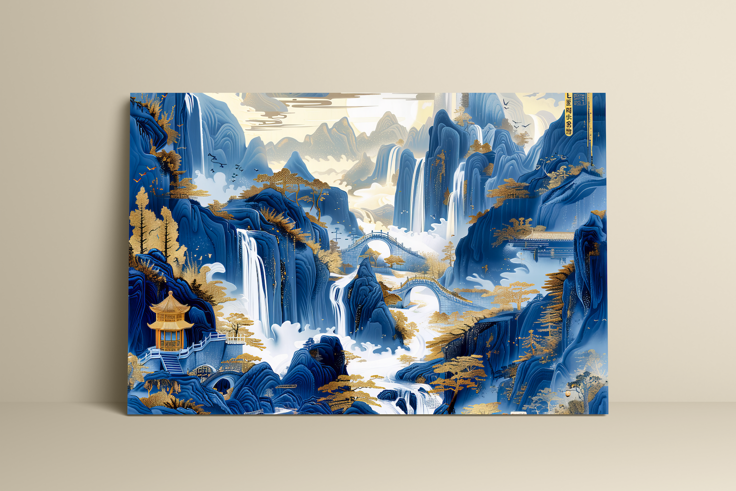 Golden Serenity: Chinese Mountain Landscape with Waterfalls | Traditional Blue & Gold Ink Painting