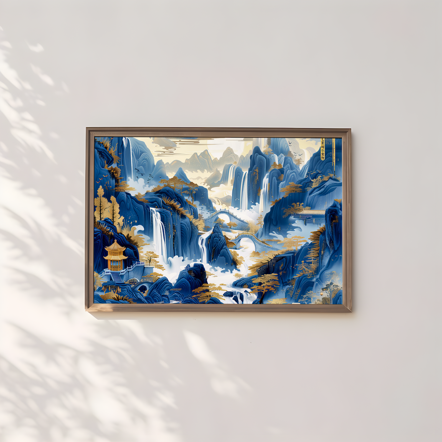 Golden Serenity: Chinese Mountain Landscape with Waterfalls | Traditional Blue & Gold Ink Painting