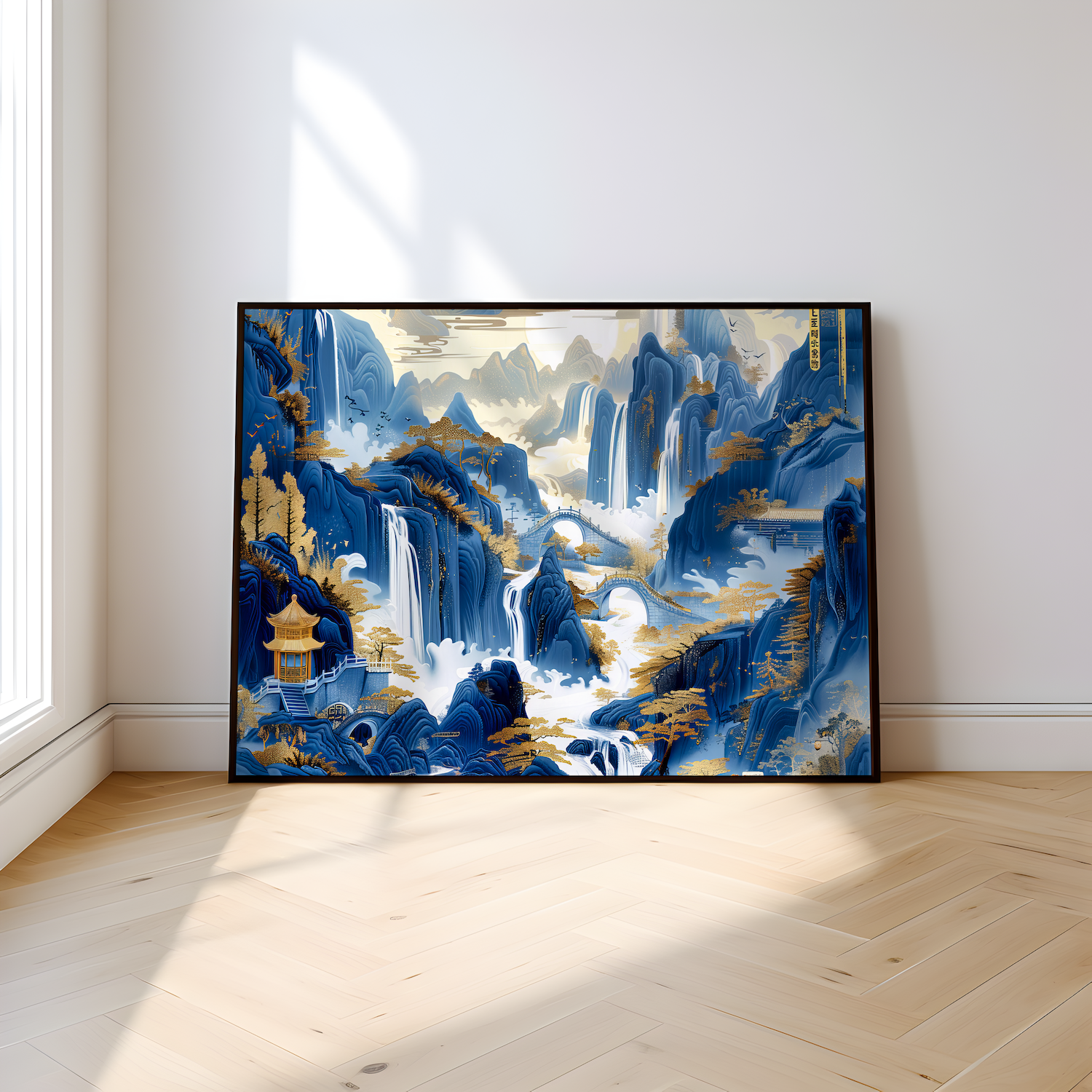 Golden Serenity: Chinese Mountain Landscape with Waterfalls | Traditional Blue & Gold Ink Painting