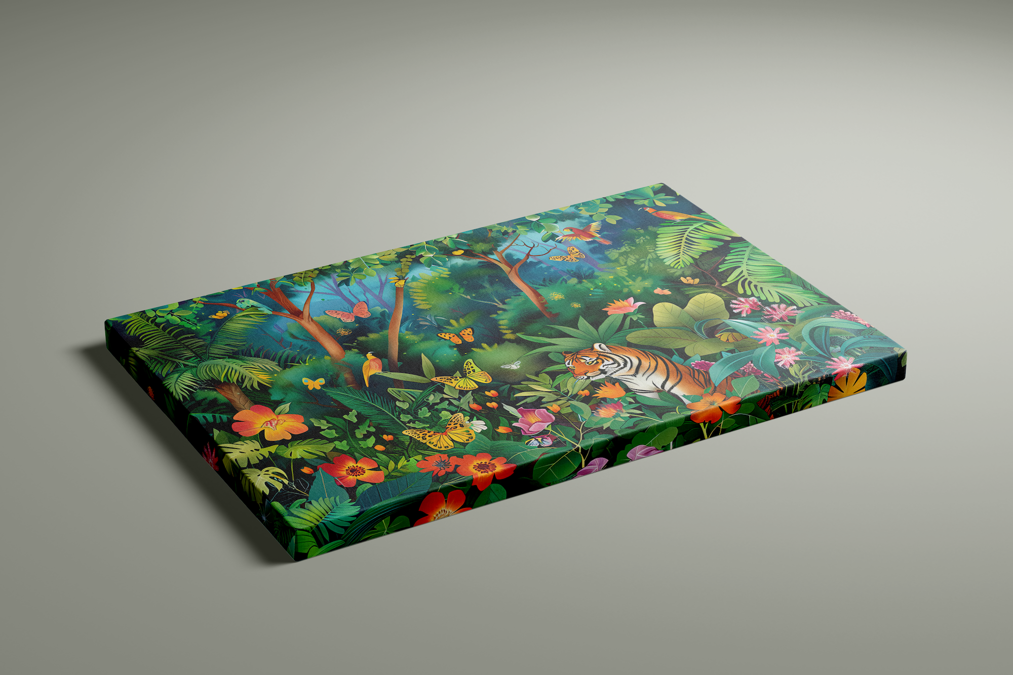 Jungle Majesty: Vibrant Bengal Tiger with Flowers & Butterflies | Exotic & Elegant Wall Art