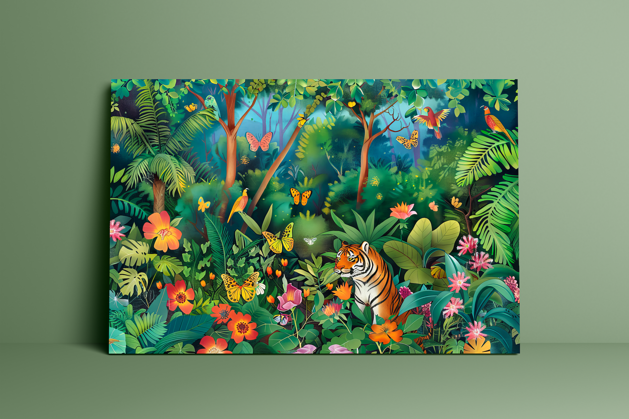Jungle Majesty: Vibrant Bengal Tiger with Flowers & Butterflies | Exotic & Elegant Wall Art