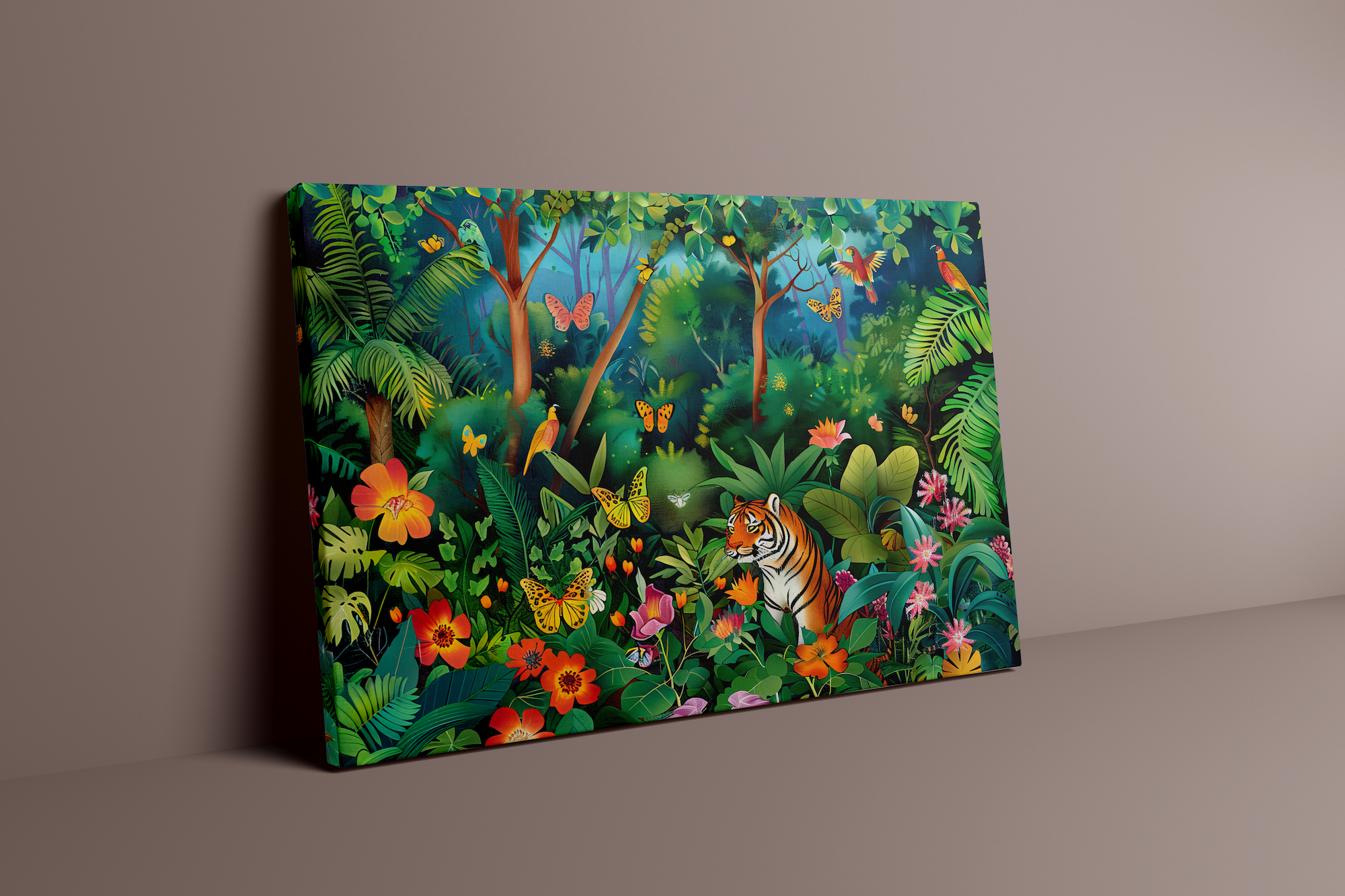 Jungle Majesty: Vibrant Bengal Tiger with Flowers & Butterflies | Exotic & Elegant Wall Art