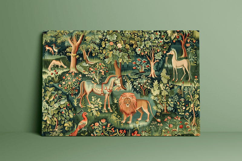 Medieval Forest Tapestry - Intricate Wildlife Wall Art With Lion, Horse & Birds