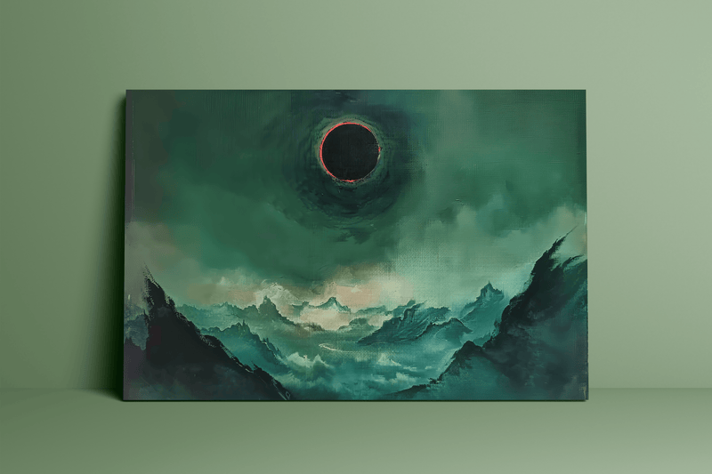 Dark Fantasy Solar Eclipse Art – Ethereal Mountain Landscape With Eerie Green Glow