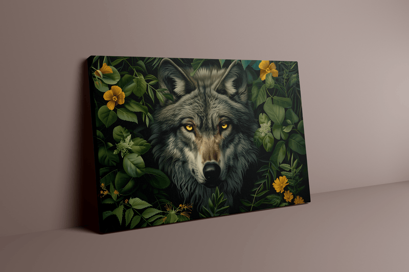 Gray Wolf Portrait – Hyperrealistic Wildlife Wall Art with Piercing Yellow Eyes
