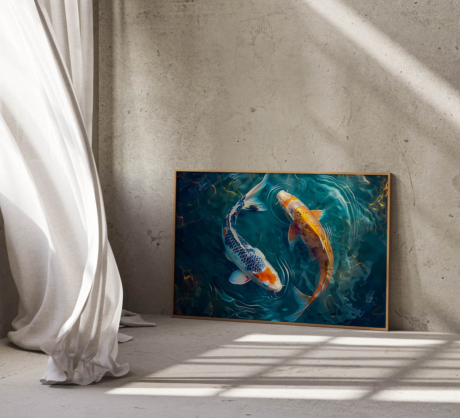 The Yin & Yang: Two Koi Fish in Rippling Pond | Serene & Elegant Japanese Inspired Art