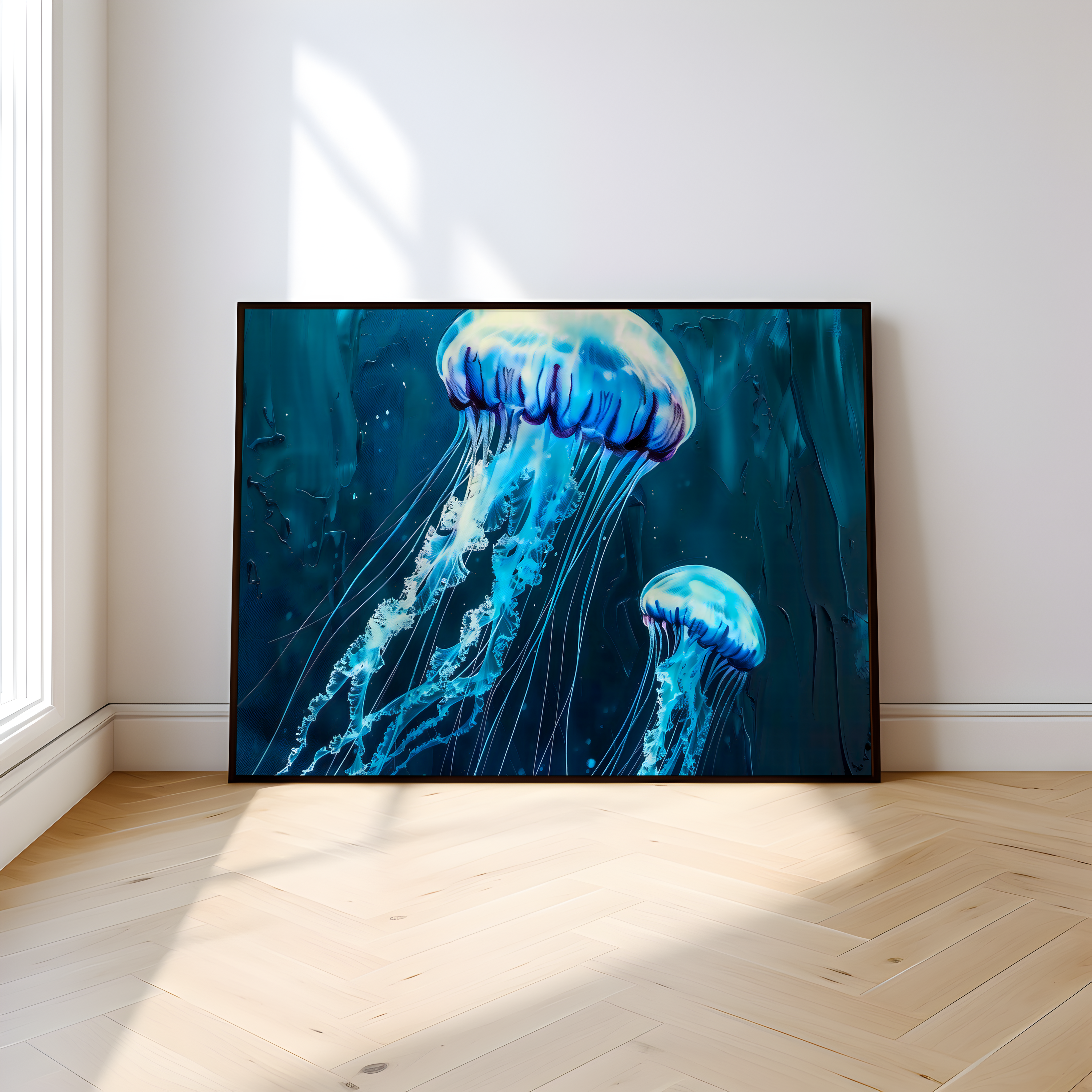 The Abyss: Glowing Jellyfish Underwater Art | Ethereal & Serene Marine Life Decor