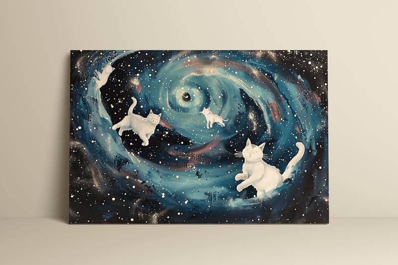 Whimsical Cat Wall Art – Playful White Cats in Vibrant Galaxy Decor