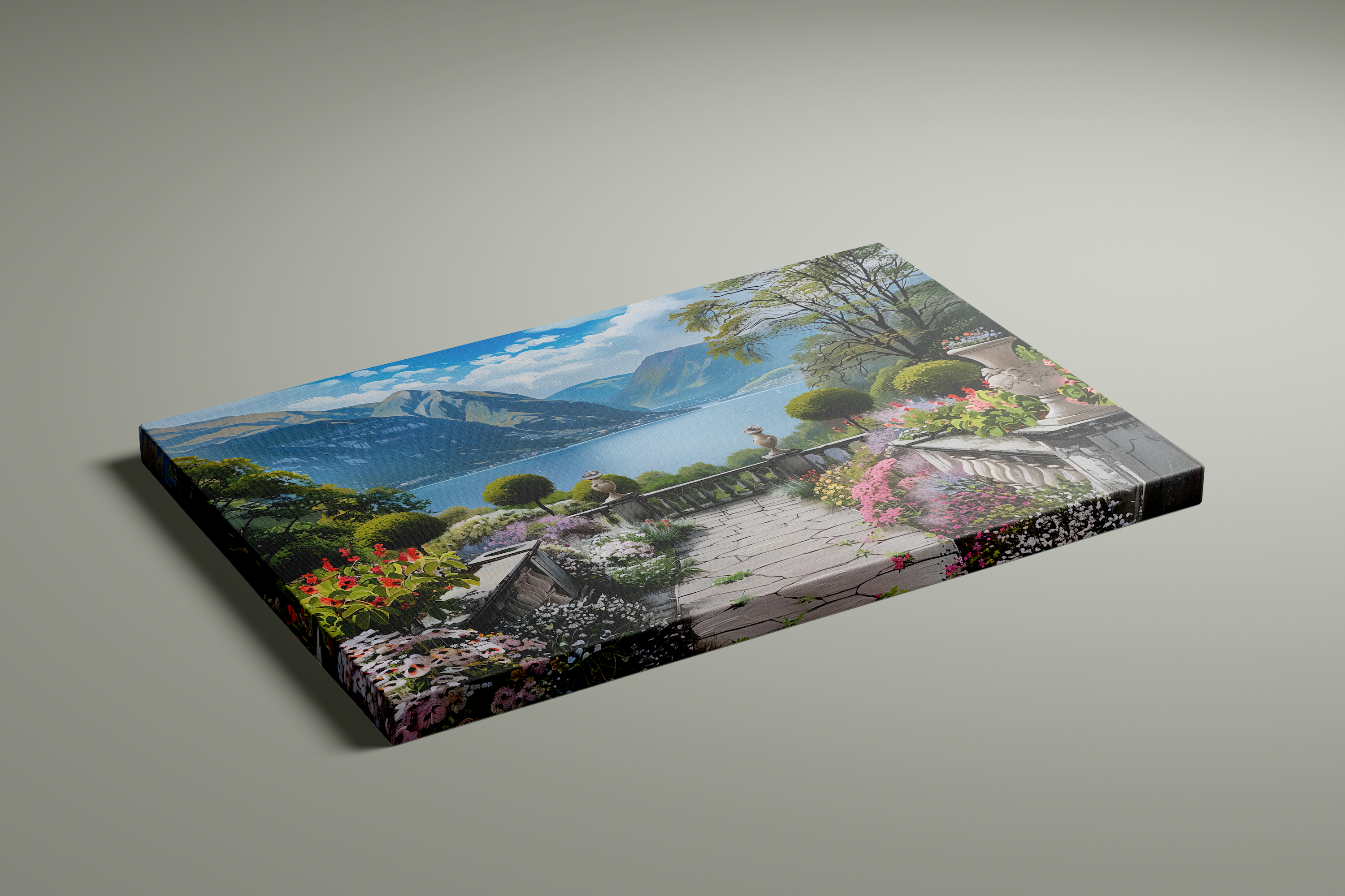 The Walled Garden: Tranquil Lake & Mountain Vista | Serene & Idyllic Landscape Art