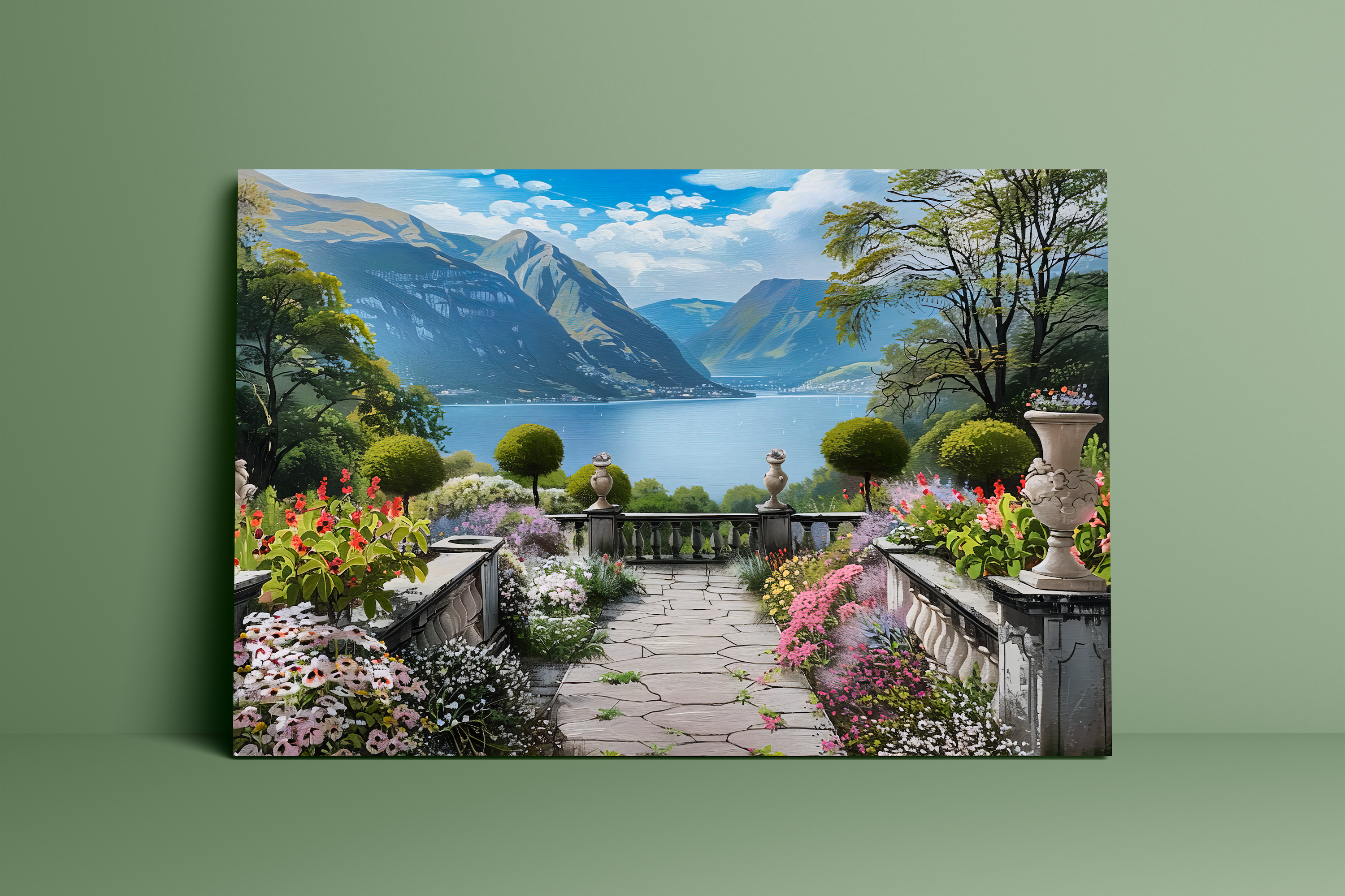 The Walled Garden: Tranquil Lake & Mountain Vista | Serene & Idyllic Landscape Art
