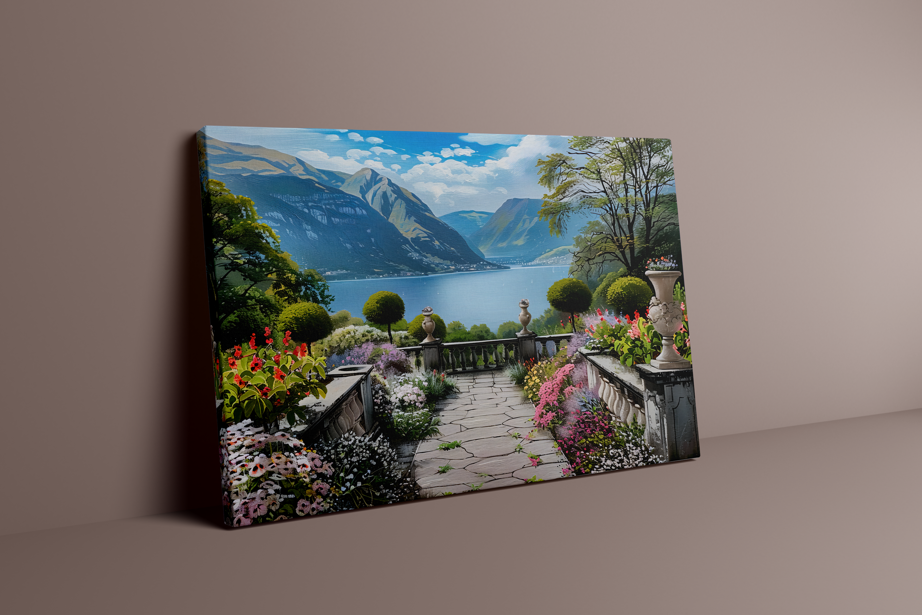 The Walled Garden: Tranquil Lake & Mountain Vista | Serene & Idyllic Landscape Art