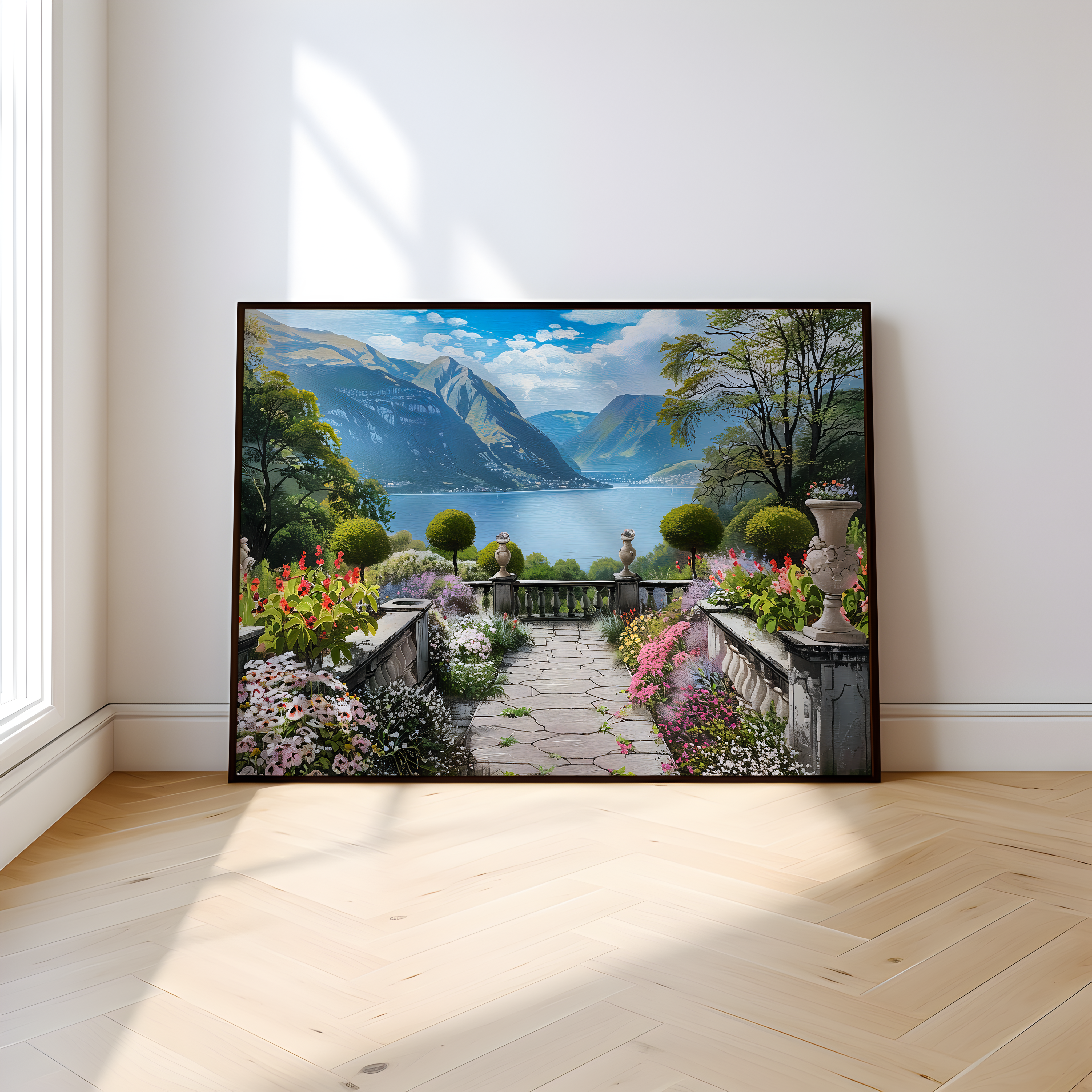 The Walled Garden: Tranquil Lake & Mountain Vista | Serene & Idyllic Landscape Art