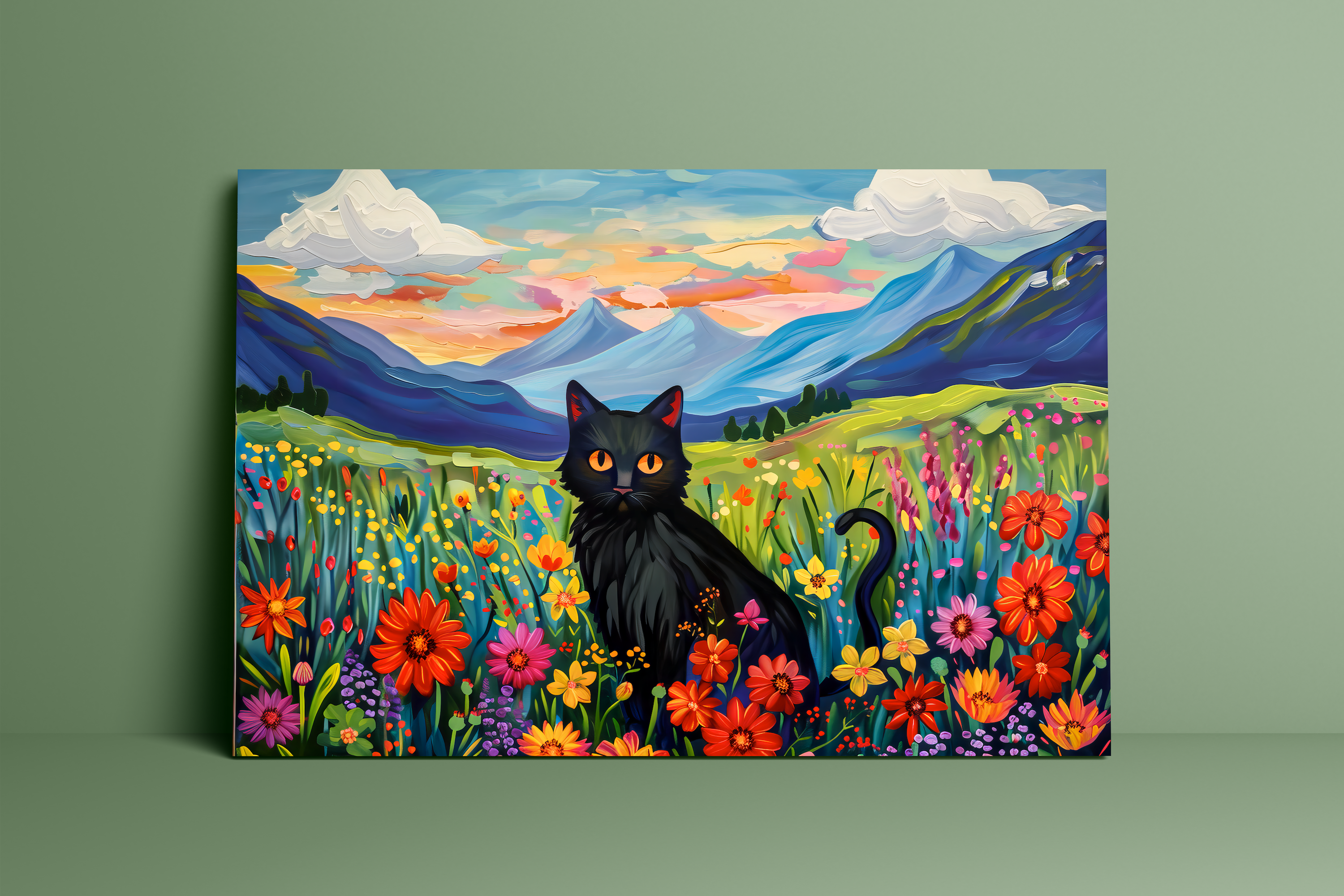 The Sunset Familiar: Black Cat in Wildflower Field at Sunset | Impressionist Mountain Landscape
