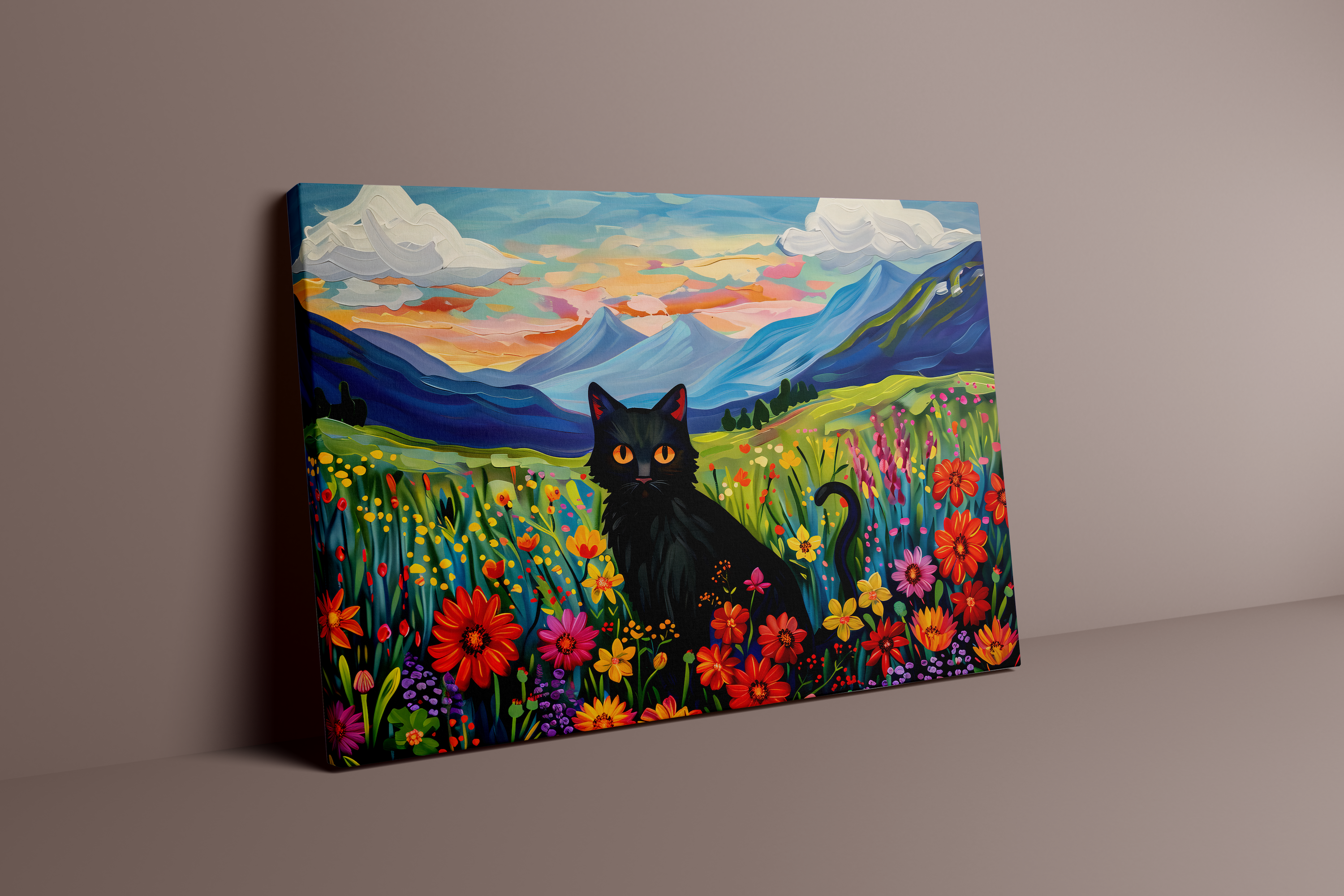 The Sunset Familiar: Black Cat in Wildflower Field at Sunset | Impressionist Mountain Landscape