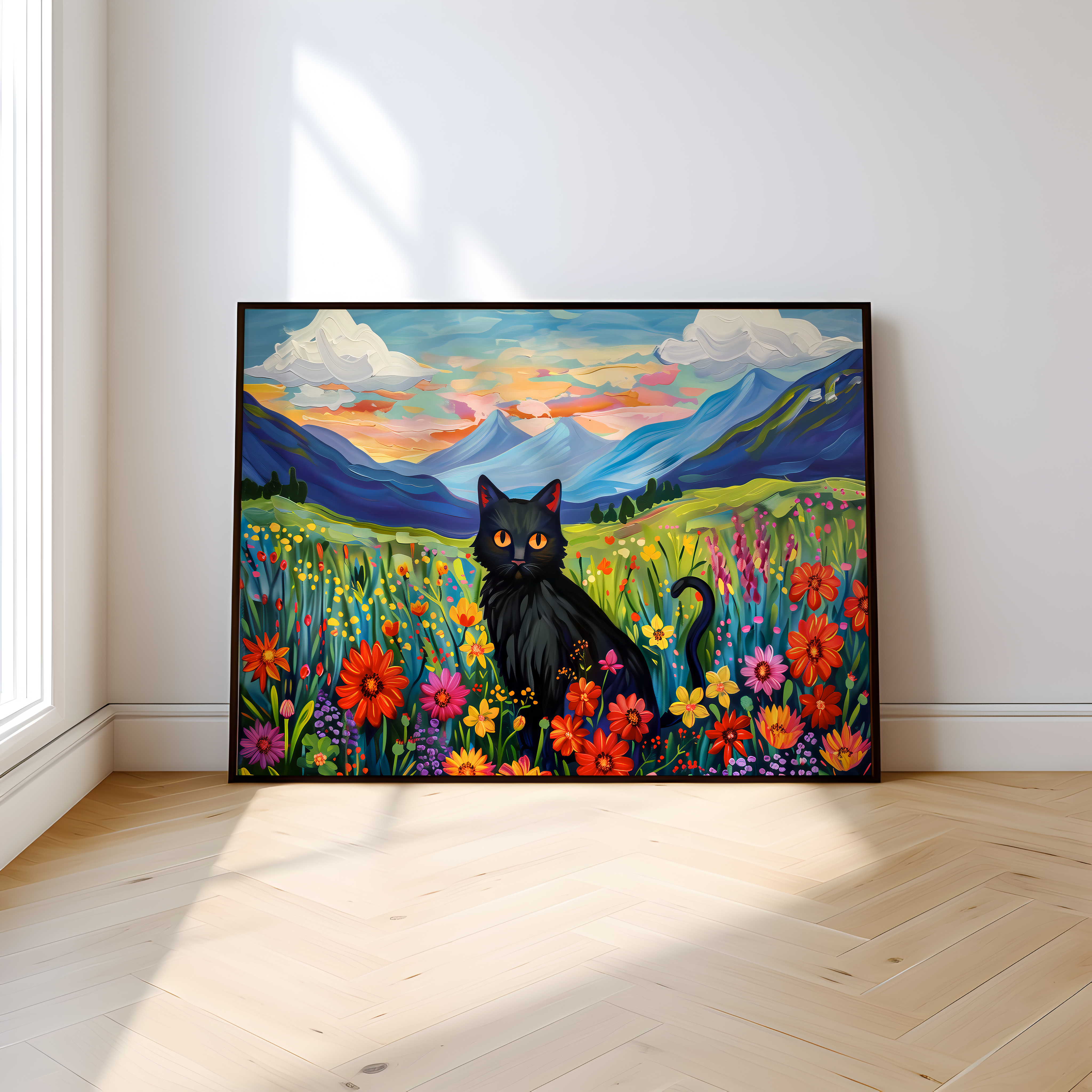 The Sunset Familiar: Black Cat in Wildflower Field at Sunset | Impressionist Mountain Landscape