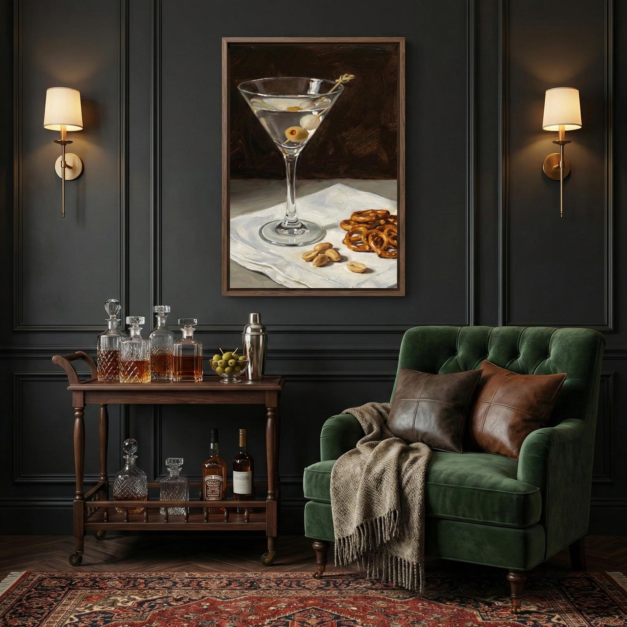 Dirty Martini Wall Decor: Moody Bar Cart Scene (Print or Canvas)