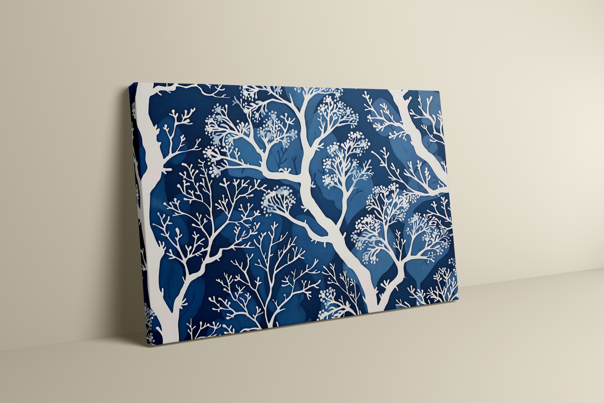 The Blue Forest: Delicate White Tree & Leaf Batik Pattern | Serene & Elegant Wall Decor
