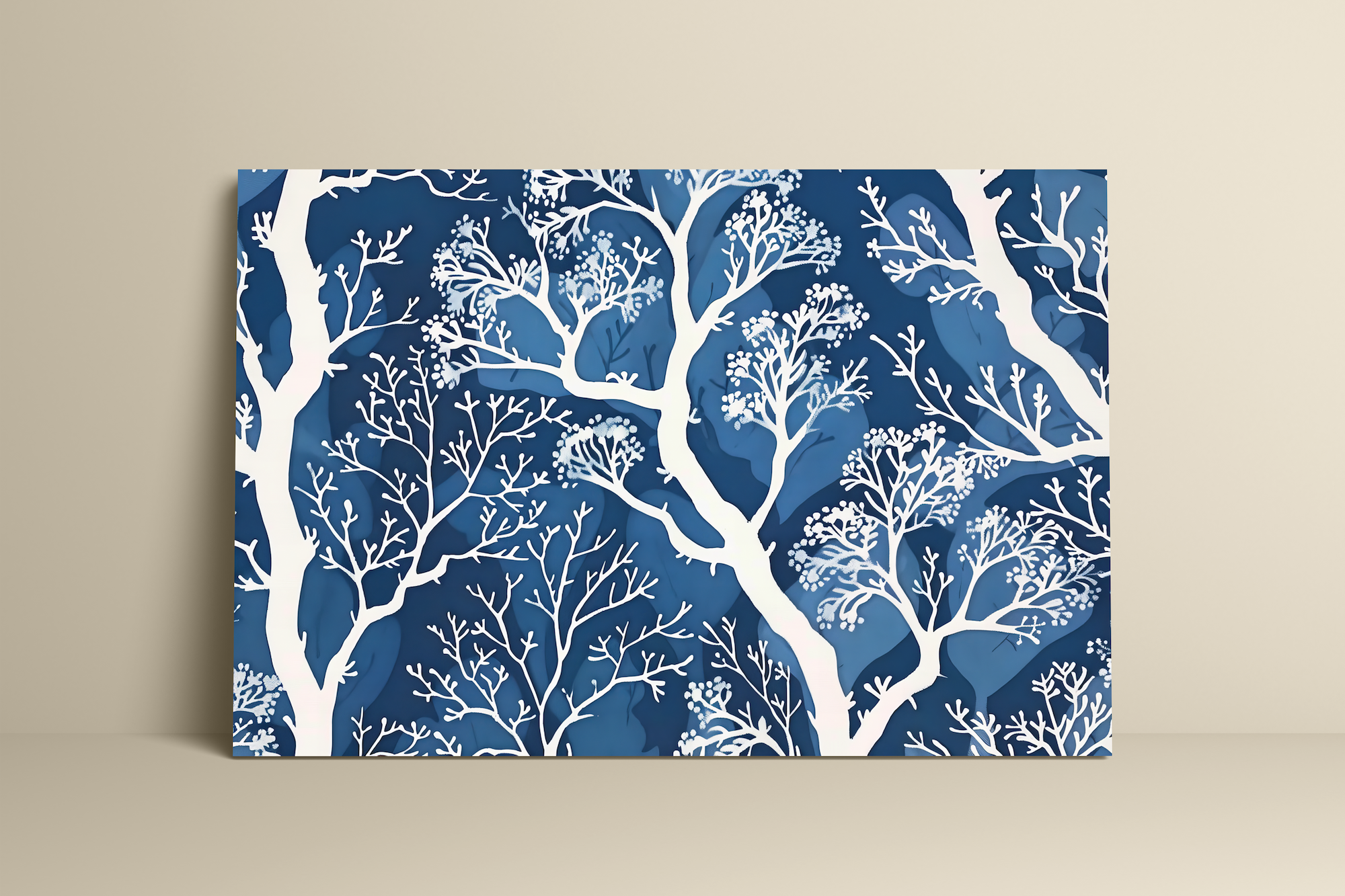 The Blue Forest: Delicate White Tree & Leaf Batik Pattern | Serene & Elegant Wall Decor