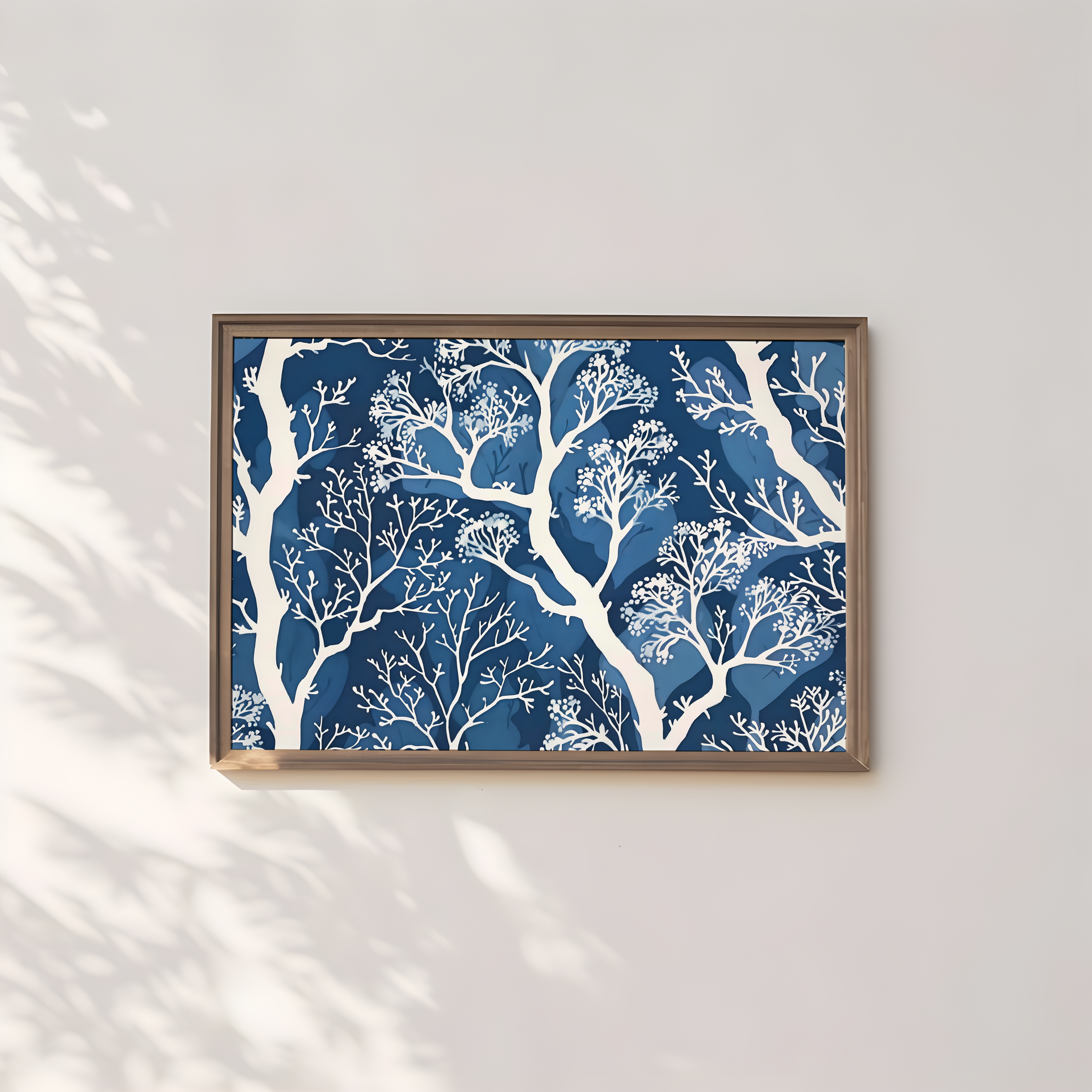 The Blue Forest: Delicate White Tree & Leaf Batik Pattern | Serene & Elegant Wall Decor