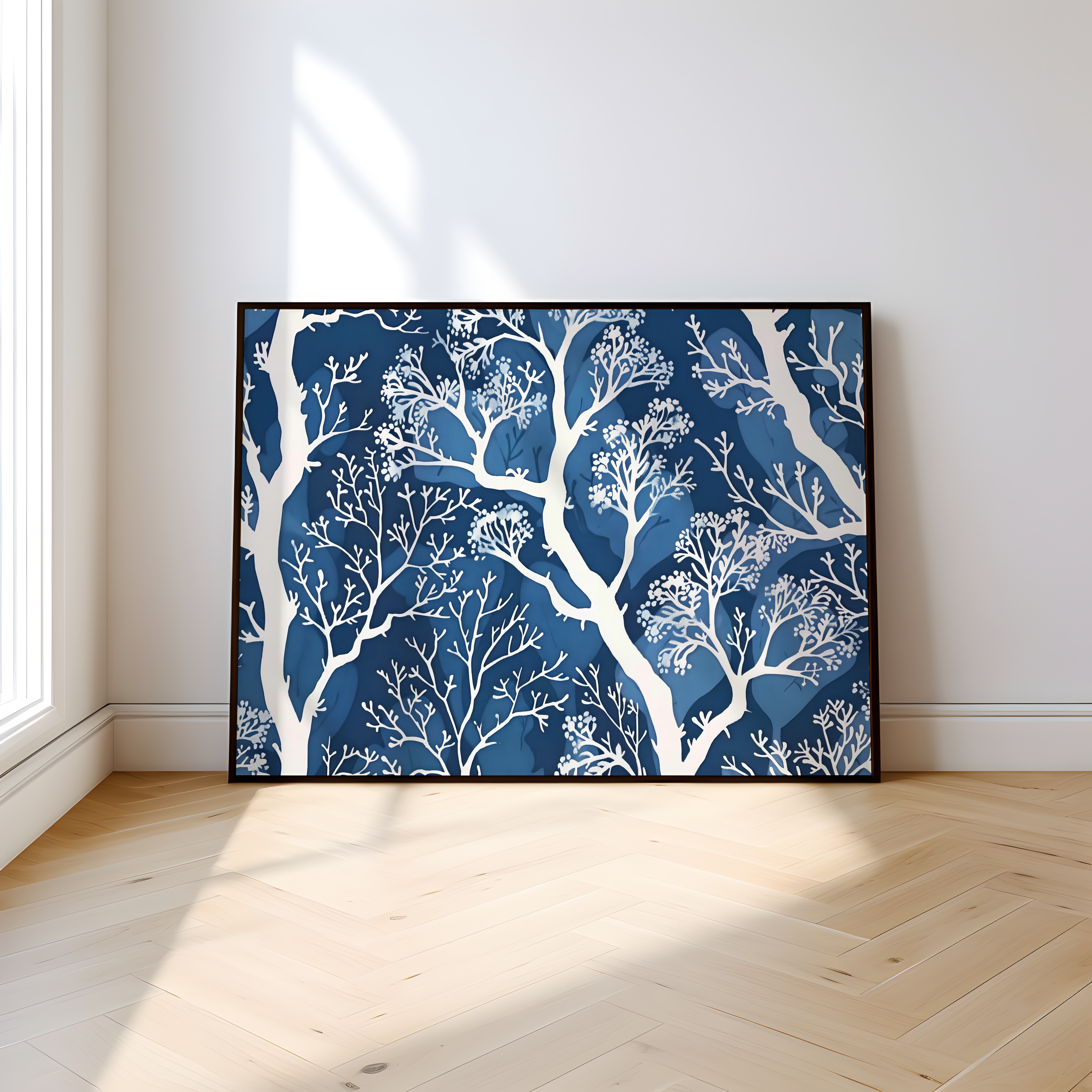 The Blue Forest: Delicate White Tree & Leaf Batik Pattern | Serene & Elegant Wall Decor