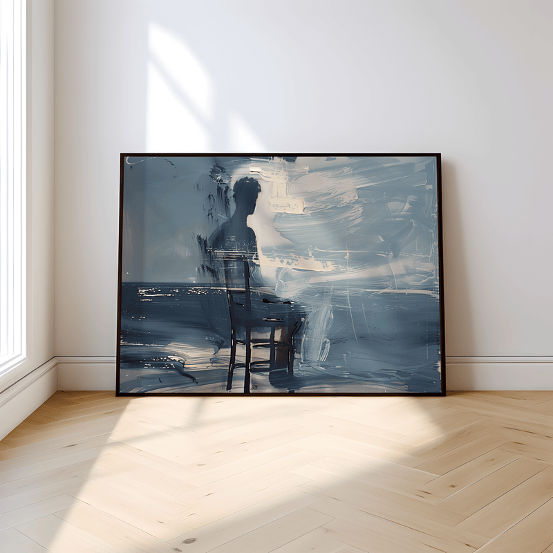 Moody Oil Painting | Melancholic Wall Art of Man on Beach – Contemplative Coastal Decor