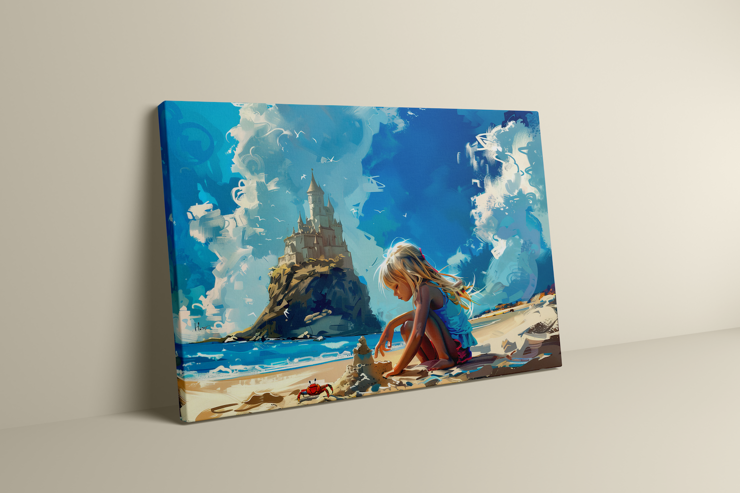 The Little Architect: Whimsical Girl Building Sandcastle Art | Childhood Beach & Nursery Decor