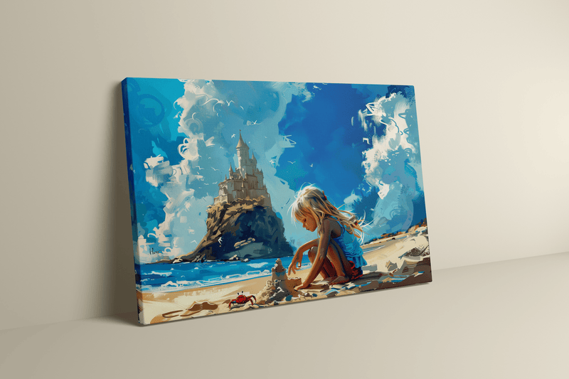 Whimsical Girl Sandcastle Art – Childhood Beach Decor | Vibrant Nursery Wall Art