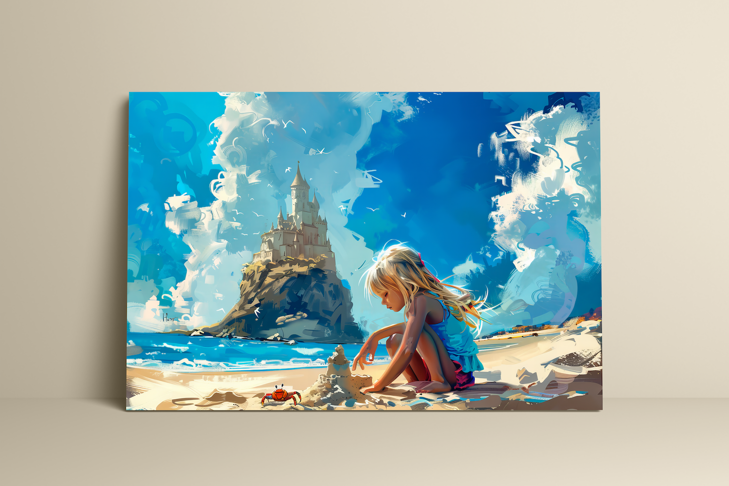 The Little Architect: Whimsical Girl Building Sandcastle Art | Childhood Beach & Nursery Decor