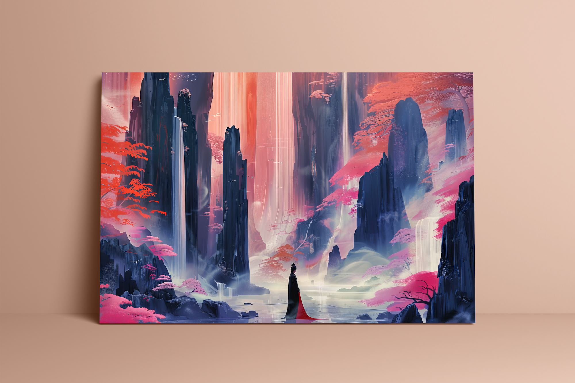 The Crimson Canyon: Ethereal Woman in Red Dress Art | Mystical Waterfall & Fantasy Landscape