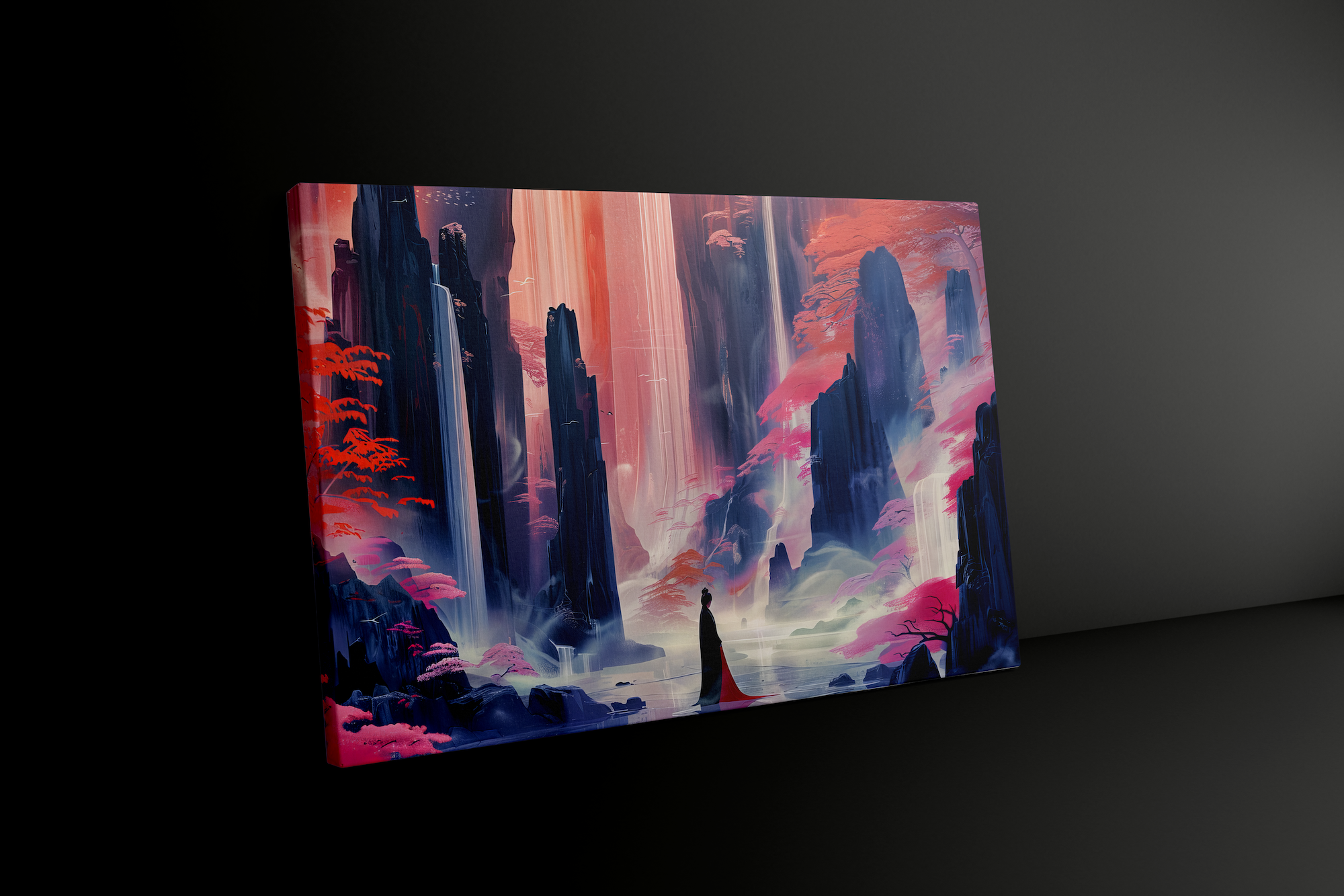 The Crimson Canyon: Ethereal Woman in Red Dress Art | Mystical Waterfall & Fantasy Landscape