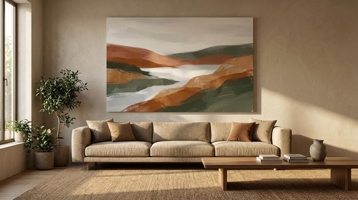 Terracotta Wall Art Print: Abstract Mountain Lake - Earth Tone Decor