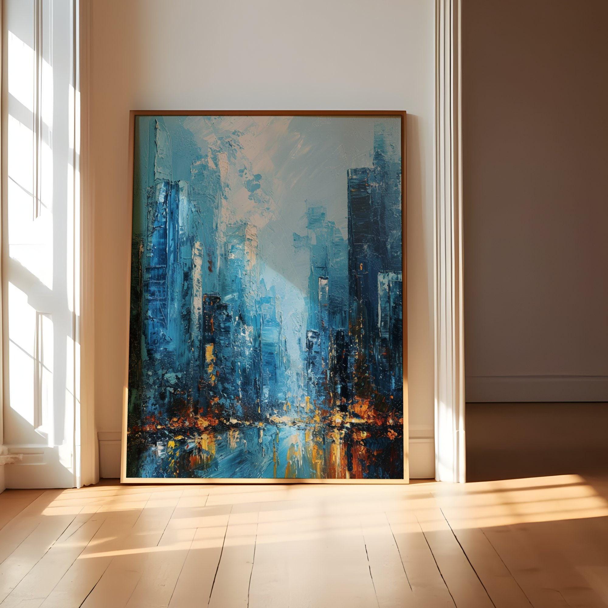 City of Memory: Abstract Impressionist Cityscape | Blue & Gold Urban Wall Art