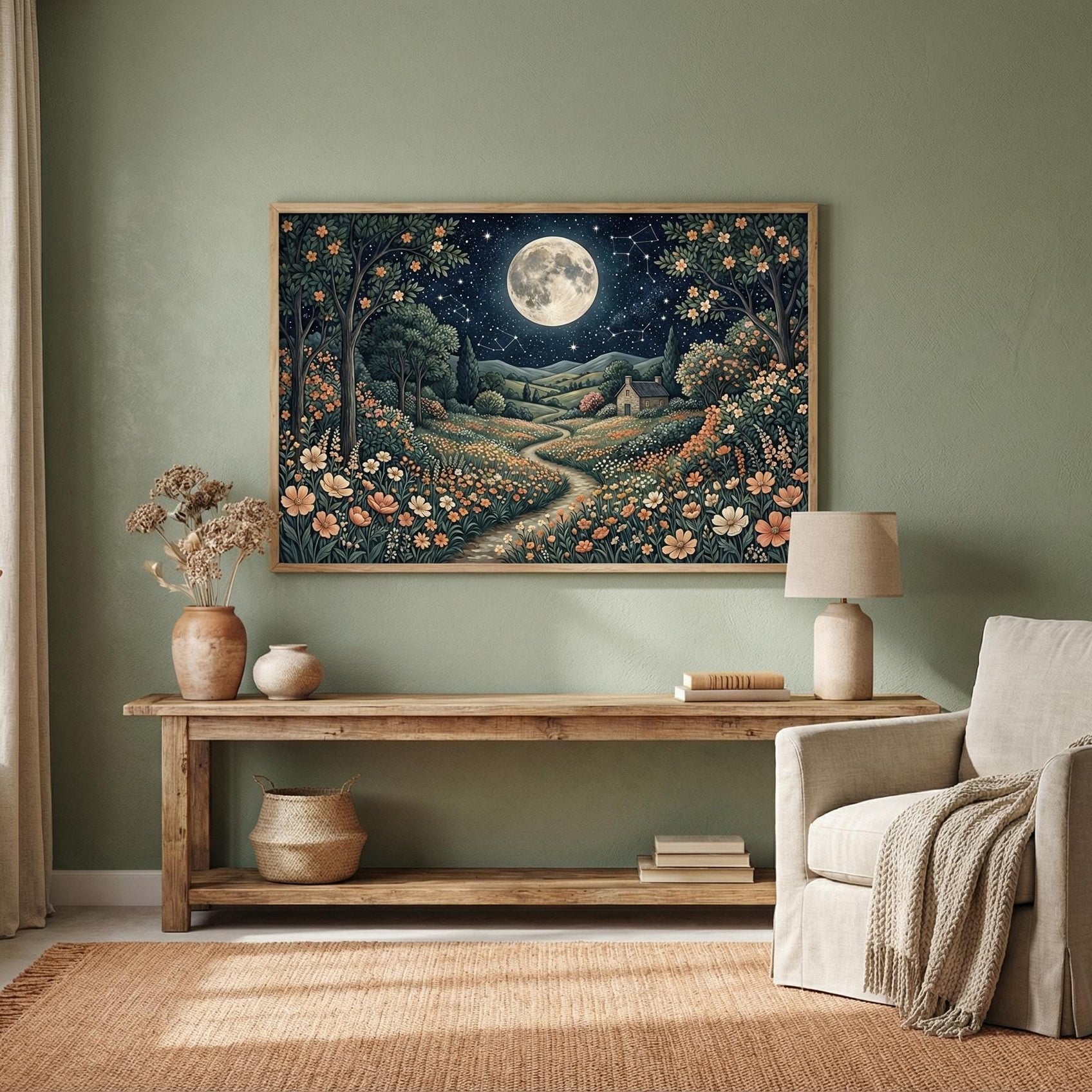 Moon and Flower Trail Art Print (Matte, Canvas, Framed Choices)