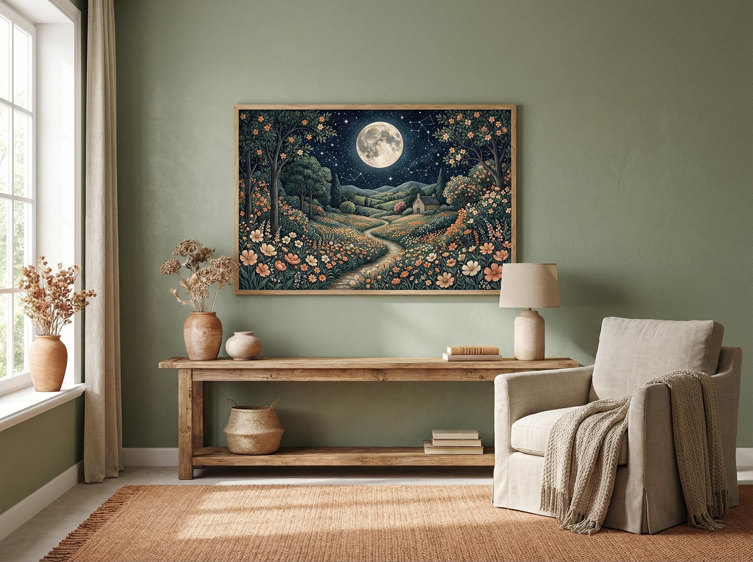 Moon and Flower Trail Art Print (Matte, Canvas, Framed Choices)