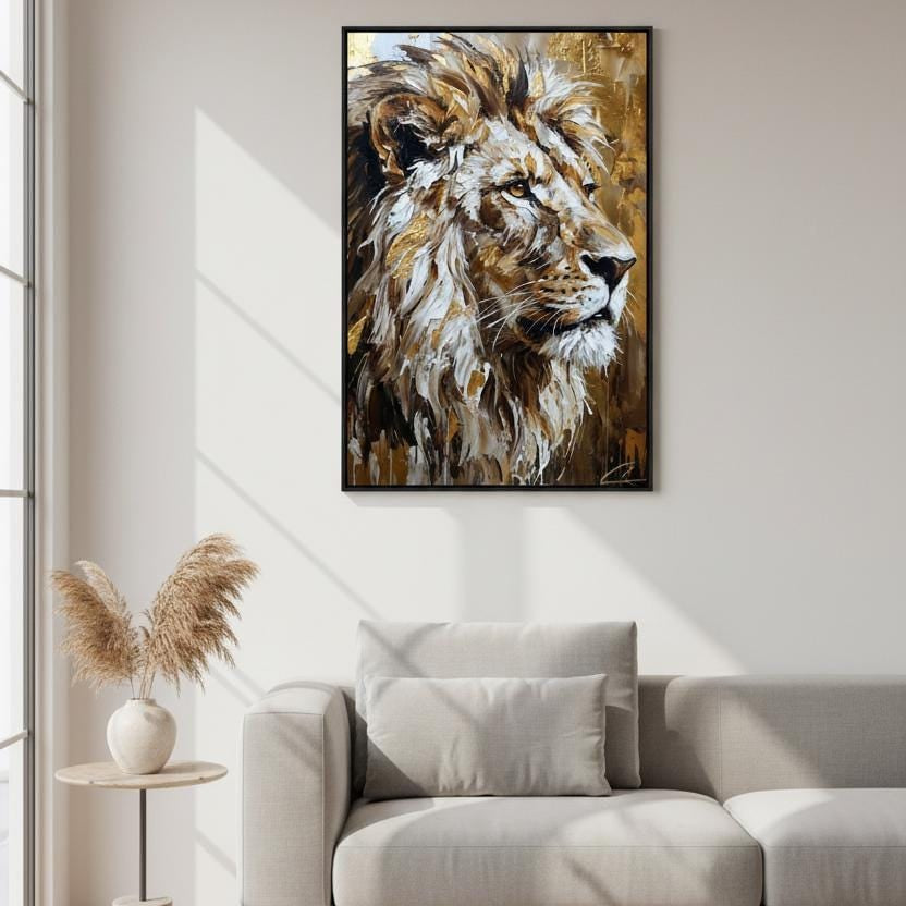 a large, framed painting of a lion's head hanging on a wall in a living room. The painting is the focal point of the room, with a gray sofa and a side table with a vase of dried flowers nearby. The overall color scheme of the room is neutral, with the gray sofa and the framed lion's head painting providing a striking contrast.
