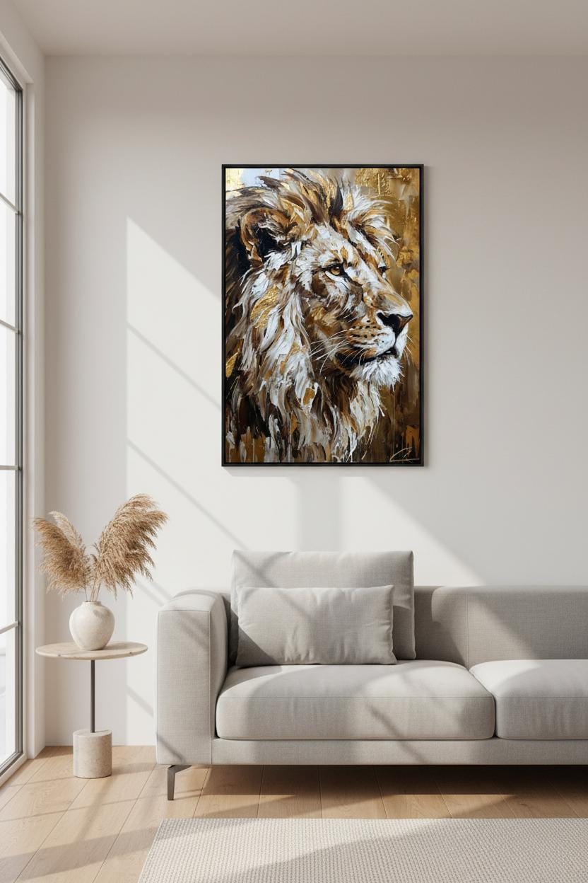 a large, framed painting of a lion's head hanging on a wall in a living room. The painting is the focal point of the room, with a gray sofa and a side table with a vase of dried flowers nearby. The overall color scheme of the room is neutral, with the gray sofa and the framed lion's head painting providing a striking contrast.