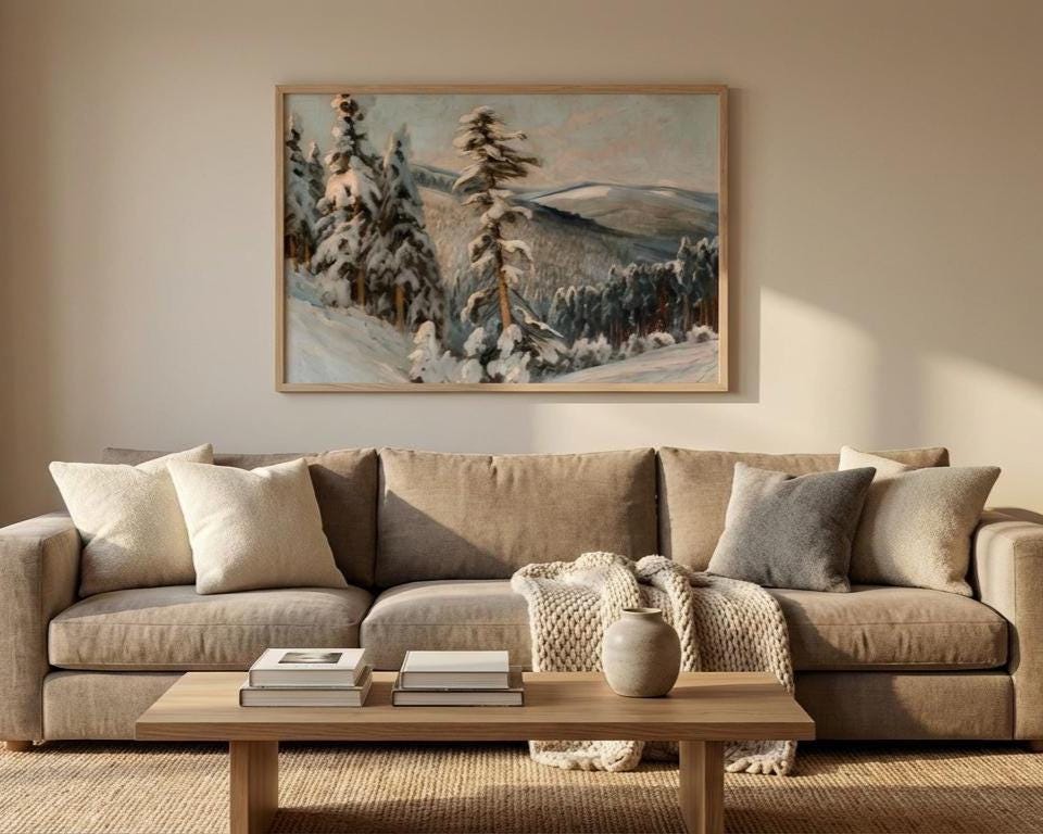 Cozy Winter Wall Art – Snowy Forest Print with Rustic Cabin Decor & Serene Nature Scene