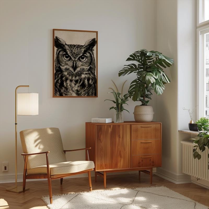 Great Horned Owl Wall Art: Rustic Charcoal Sketch - Nature Inspired