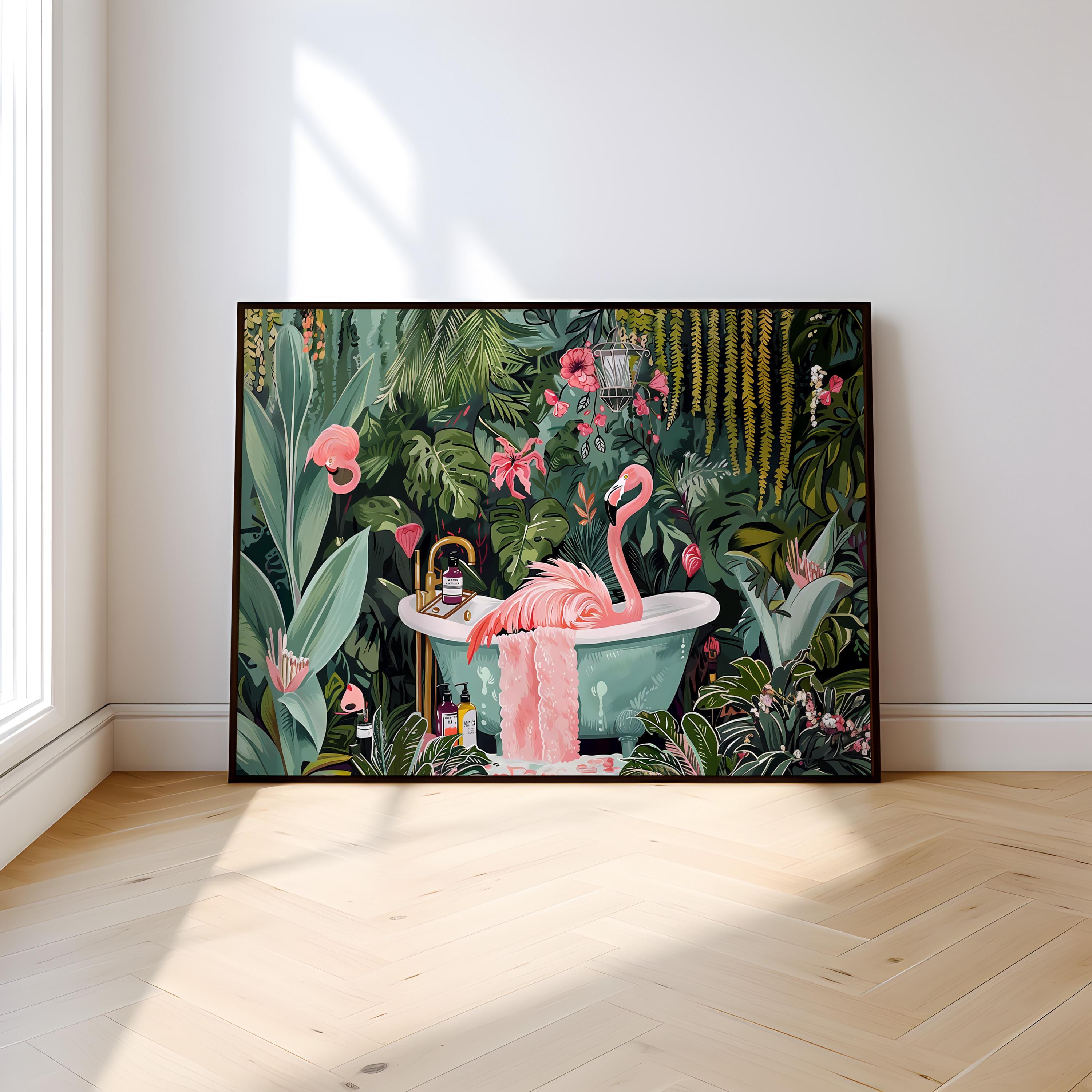 The Jungle Oasis: Whimsical Flamingo in Bathtub Art | Playful & Eclectic Bathroom Decor
