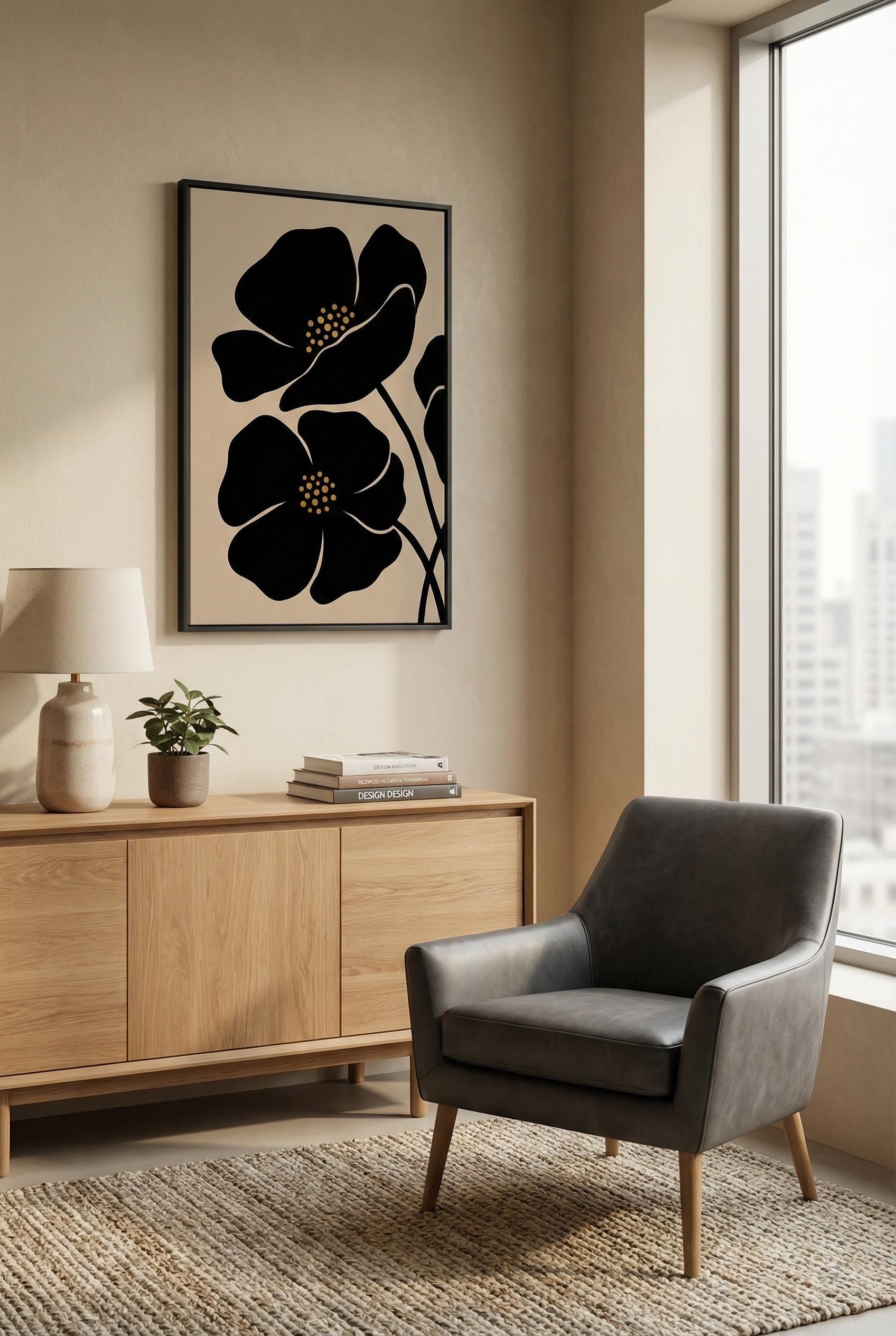 Minimalist Black Flowers Wall Art - Simple Floral Design