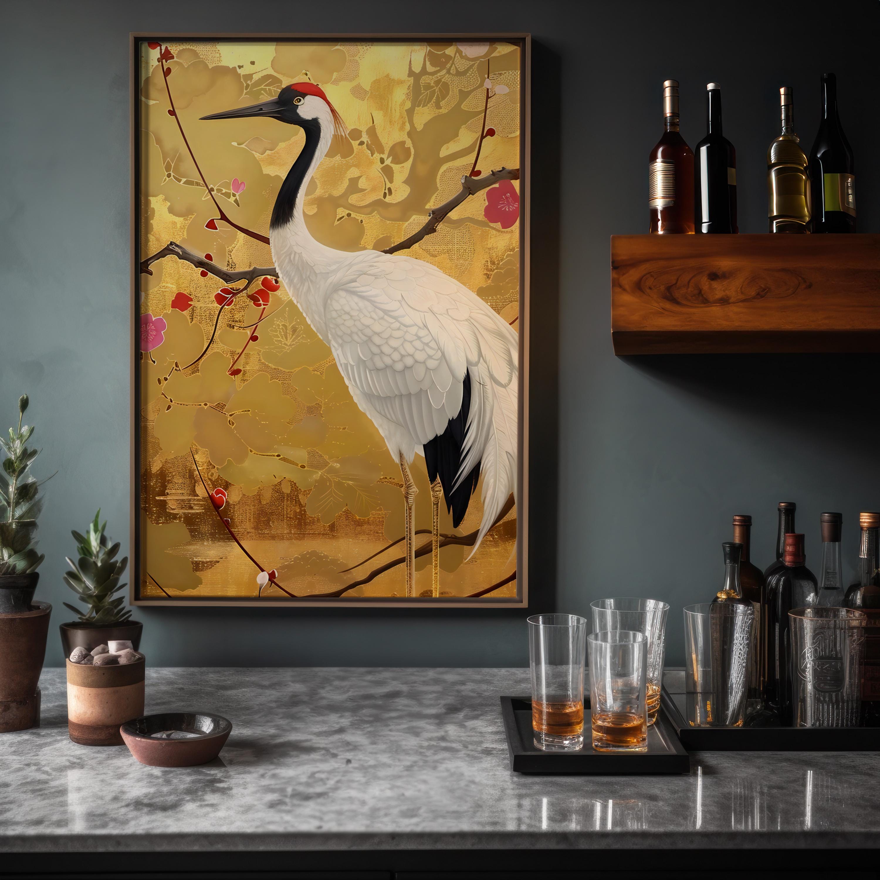 Golden Crane's Serenity: Elegant Japanese-Inspired Floral Canvas Art | Tranquil & Sophisticated Wall Decor